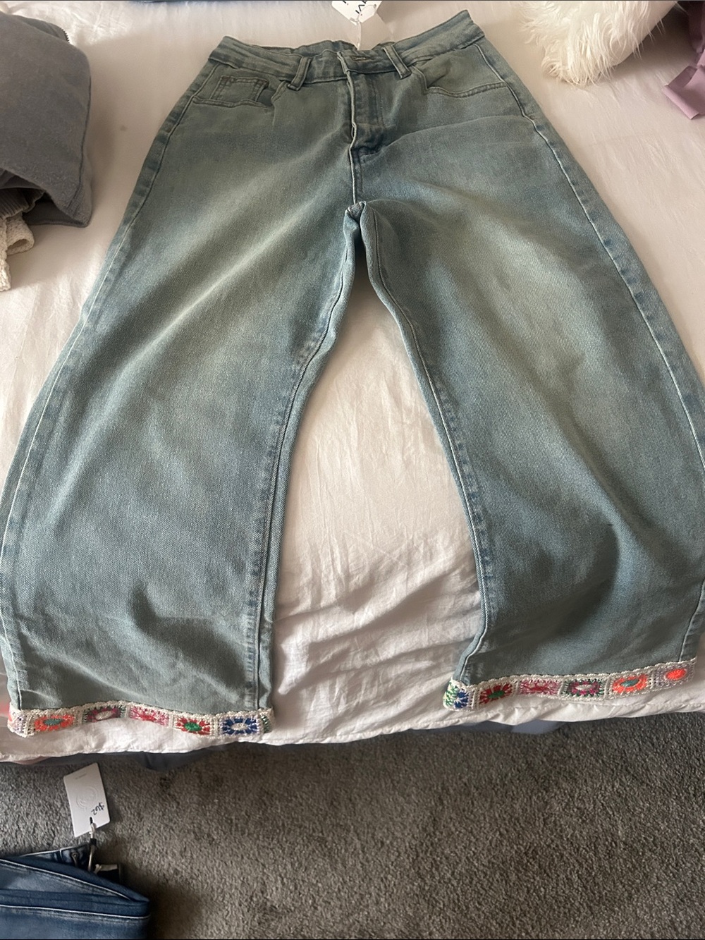 DAVI & DANI Light Blue Wide Leg Jeans with Colorful Embroidered Hem